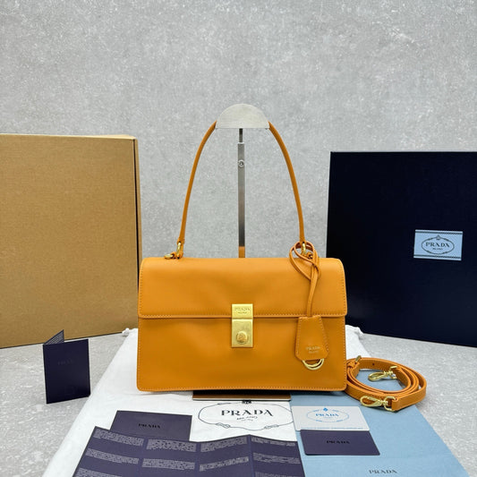 Prada Soft Sound Medium Shoulder Bag in Amber Calfskin Leather