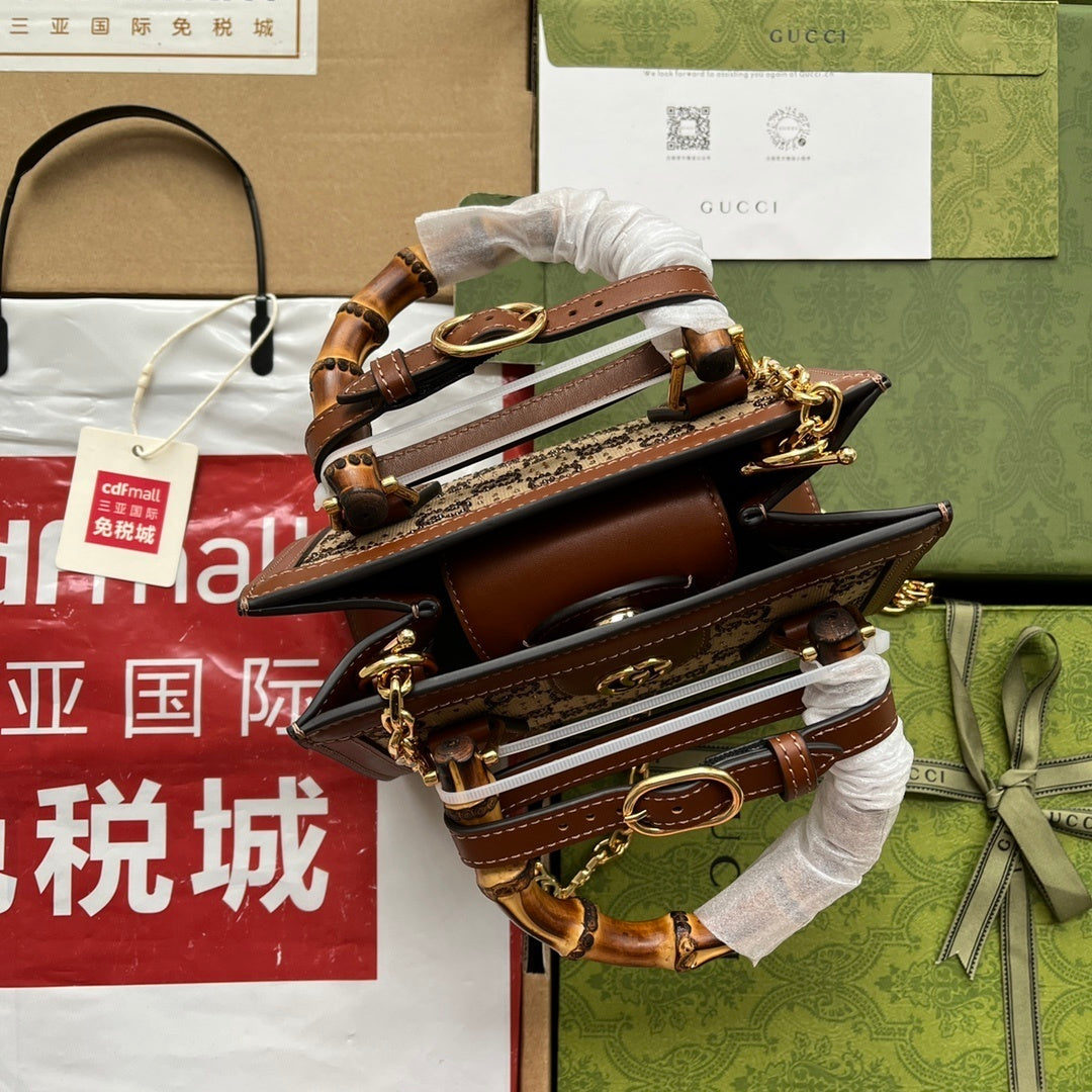 Gucci Diana Mini Tote GG Canvas Bag with Leather Trim and Bamboo Handles