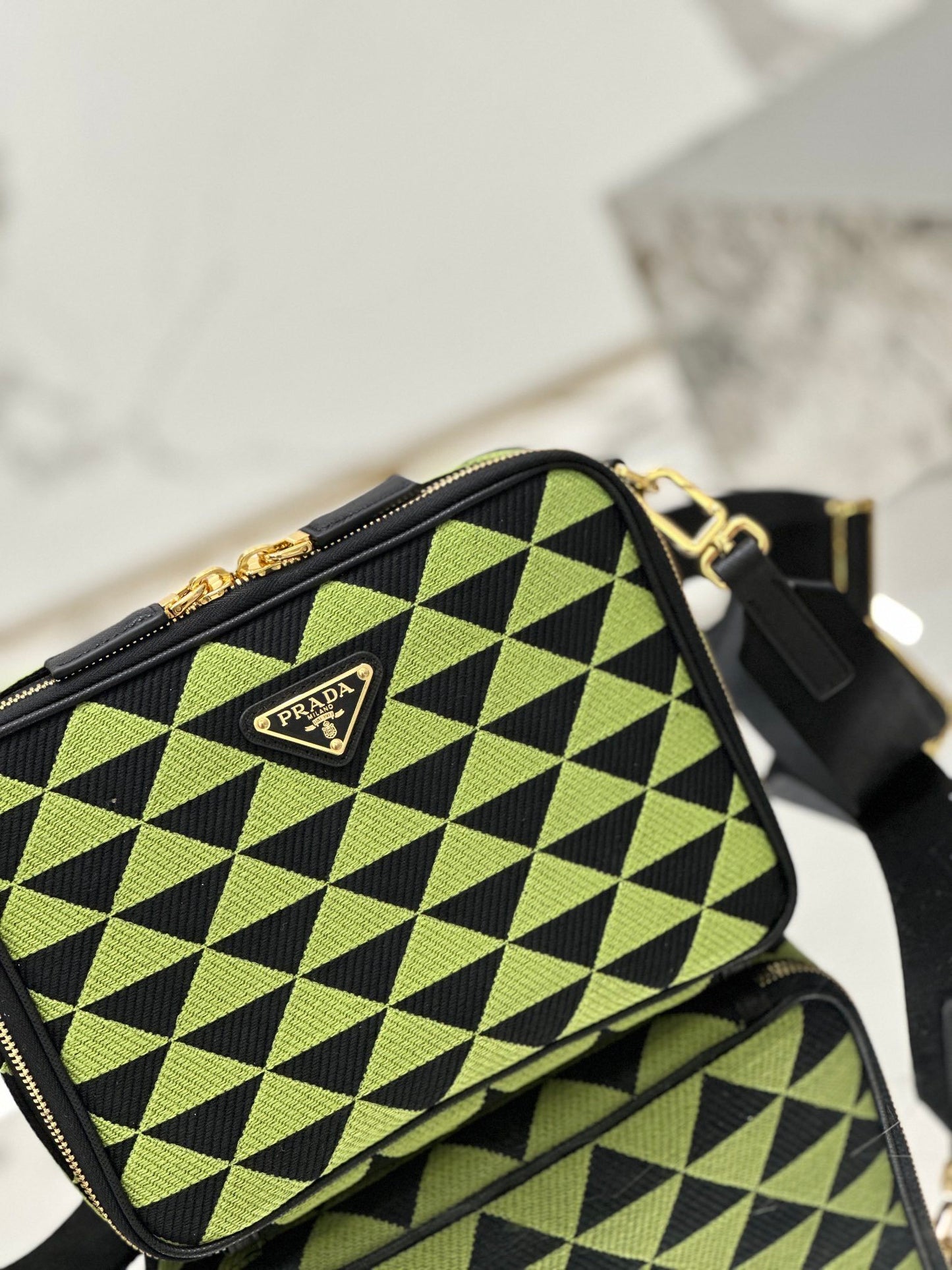 Prada Symbole Embroidered Fabric Shoulder Bag – Black & Ivy Green with Gold-Tone Hardware
