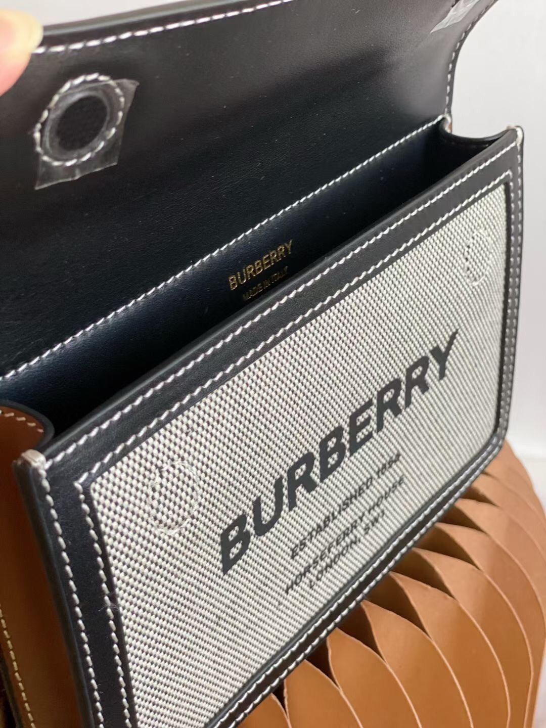 Burberry Mini Title Bag in Horseferry Print Canvas & Malt Brown Leather