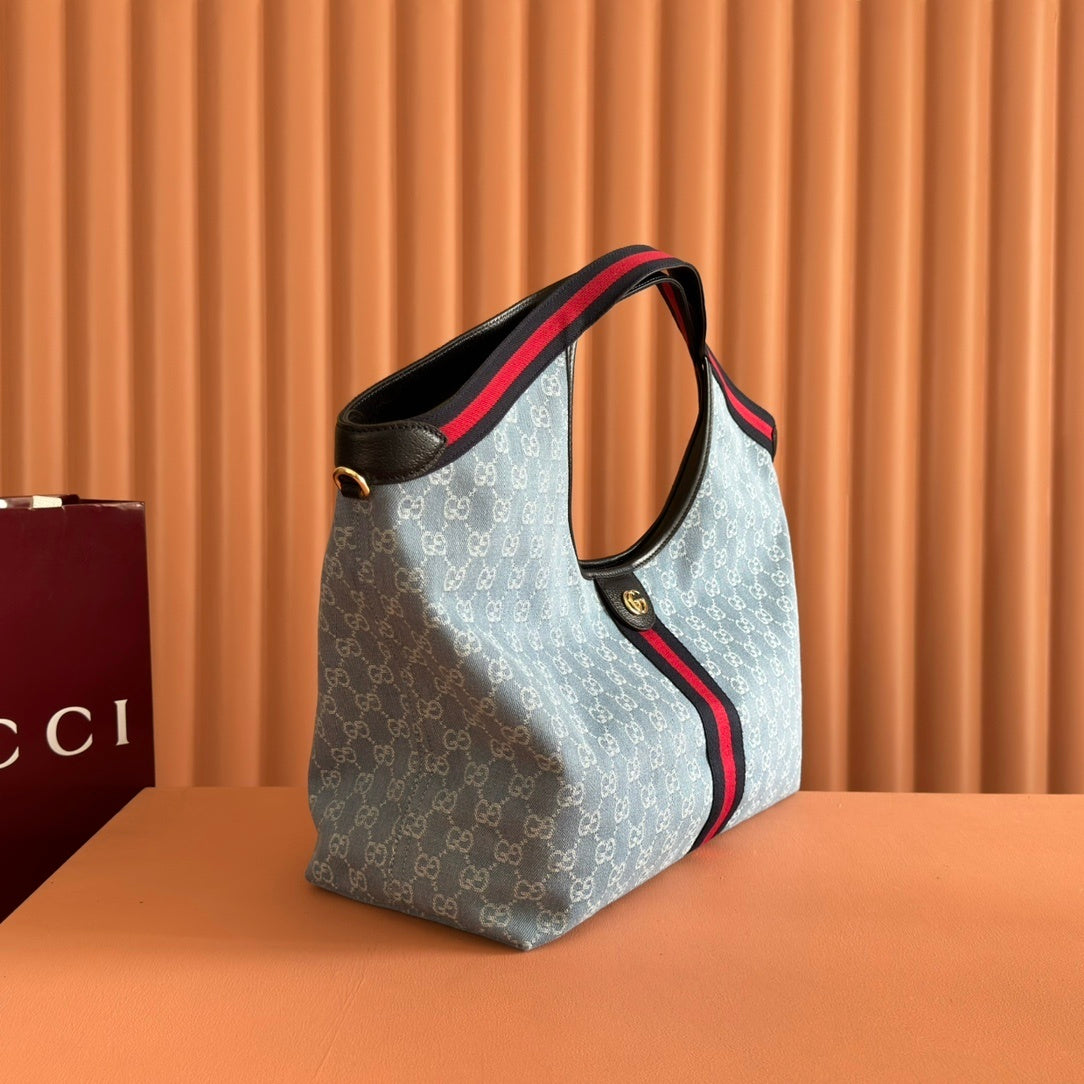 Gucci Giglio Large Tote Bag in Blue and White GG Denim with Web Trim