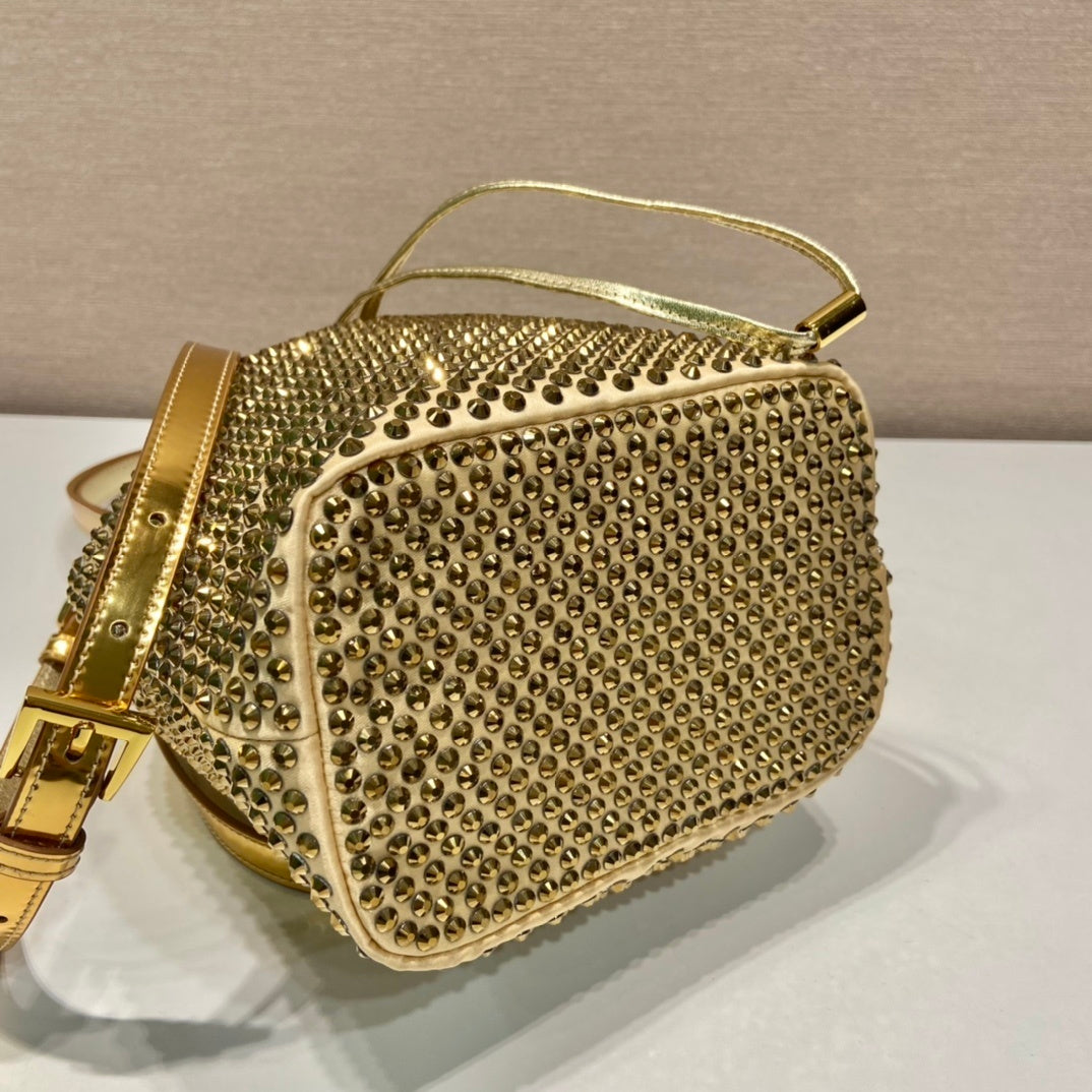 Prada Crystal-Embellished Gold Silk Bucket Bag