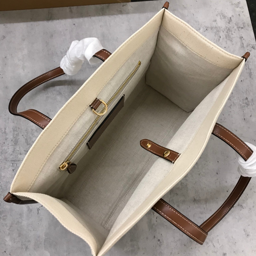 Burberry Freya Tote Bag Natural Canvas with Leather Topstitching