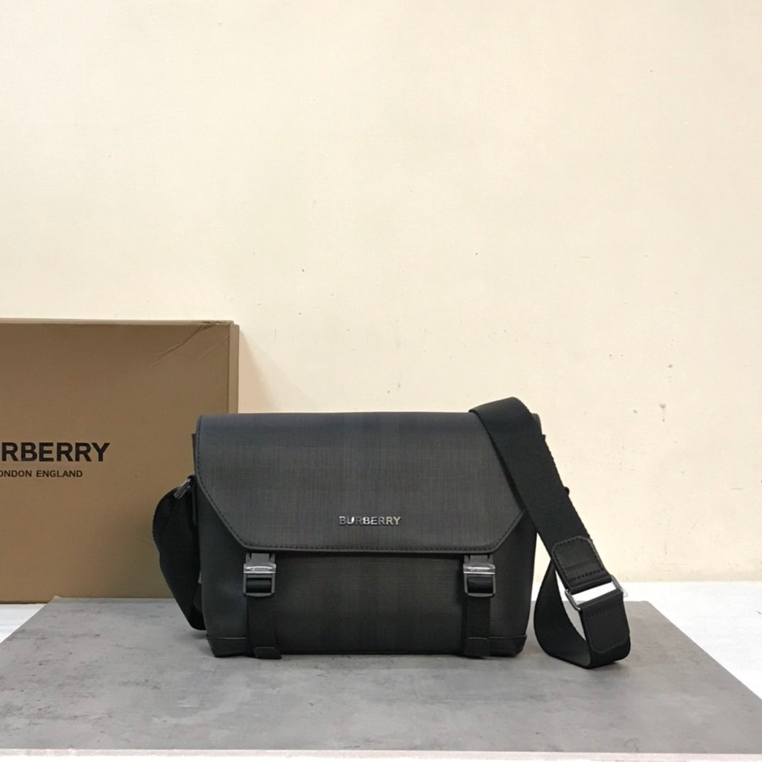 Burberry Black Charcoal Check Messenger Bag with Leather Trim
