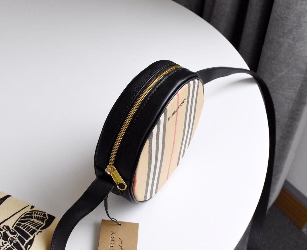 Burberry Louise Icon Stripe E-Canvas Round Crossbody Bag with Black Leather Trim