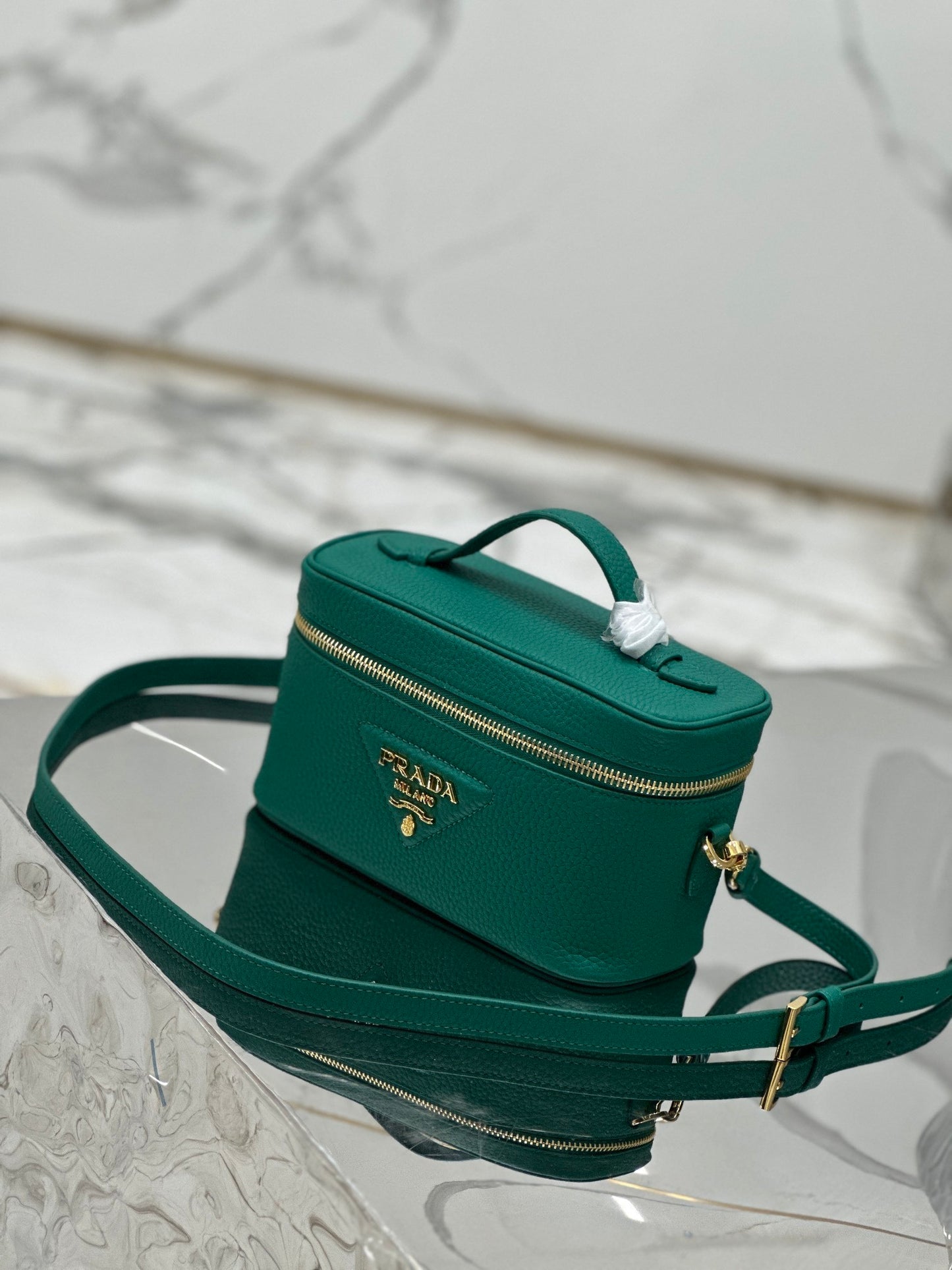 Prada Convertible Top Handle Vanity Shoulder Bag in Green Leather – Elegant Designer Bag
