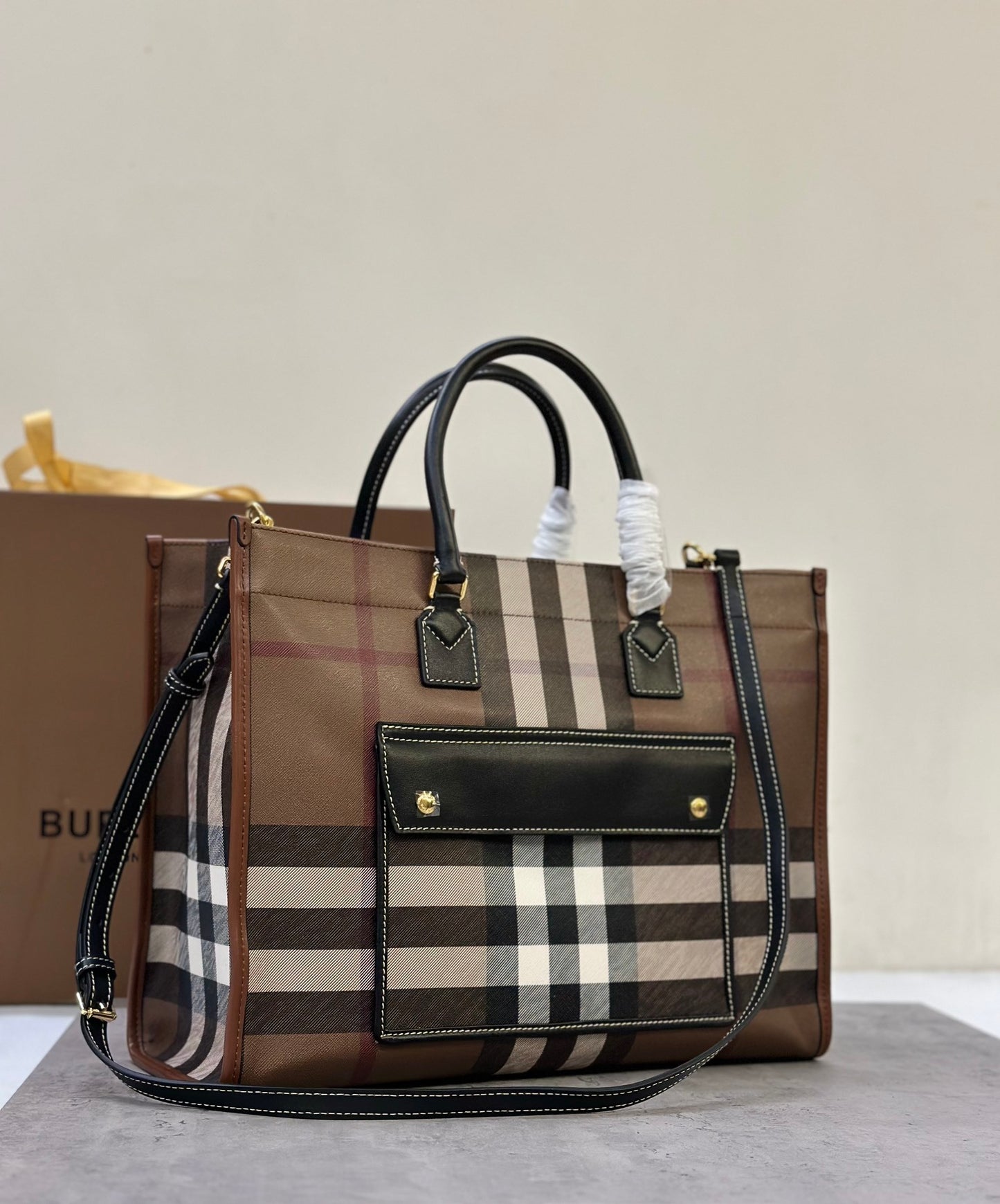 Burberry Medium Freya Tote Bag in Dark Birch Brown Check with Black Leather Trim