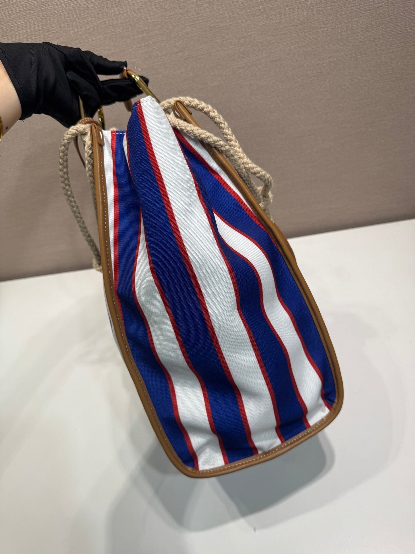 Prada Large Printed Canvas and Leather Tote Bag with Stripe Motif