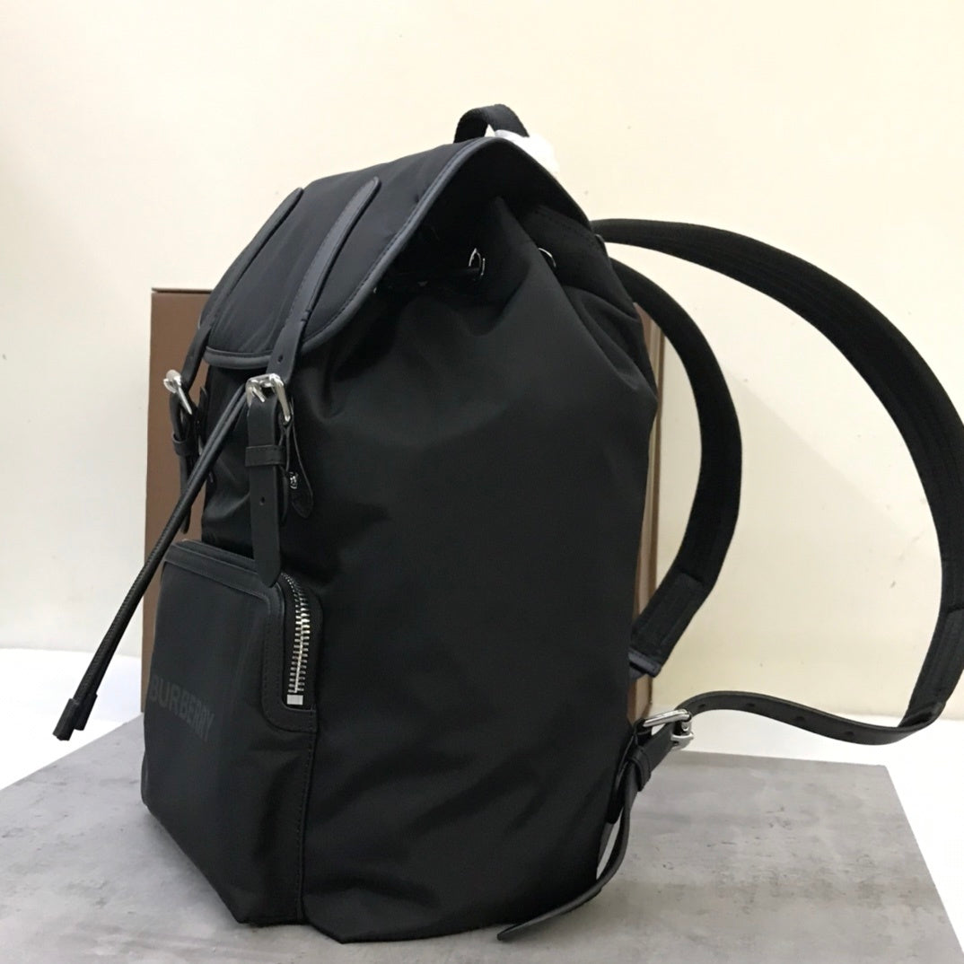 Burberry Logo Print Nylon Rucksack Black Backpack with Leather Straps