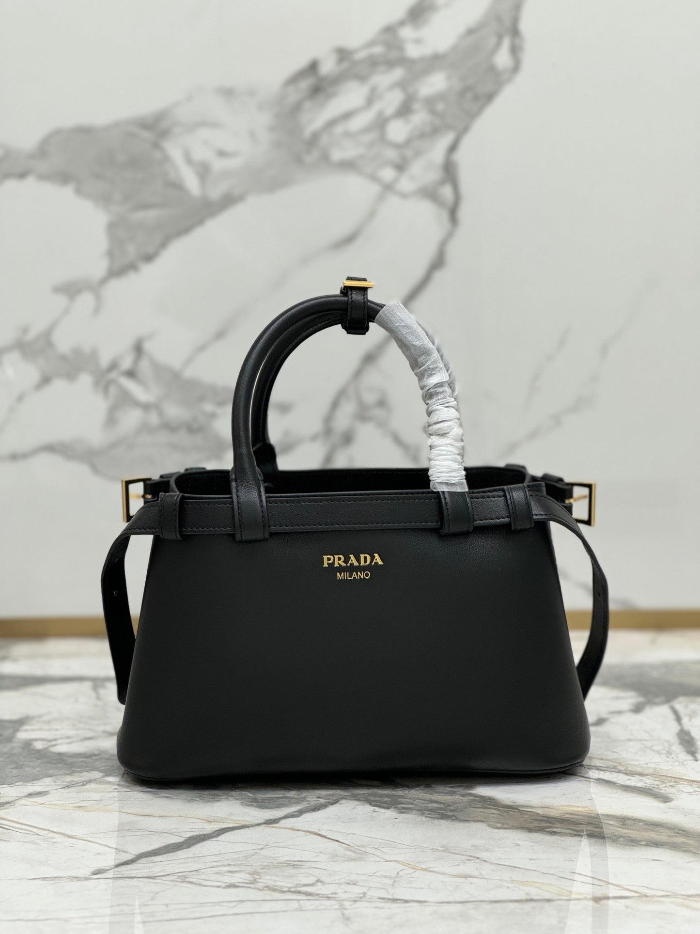 Prada Buckle Small Leather Tote Bag – Black
