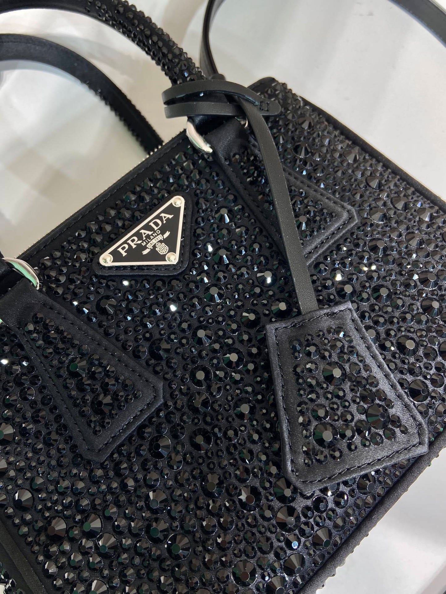 Prada Galleria Mini Satin Bag – Black with Crystals