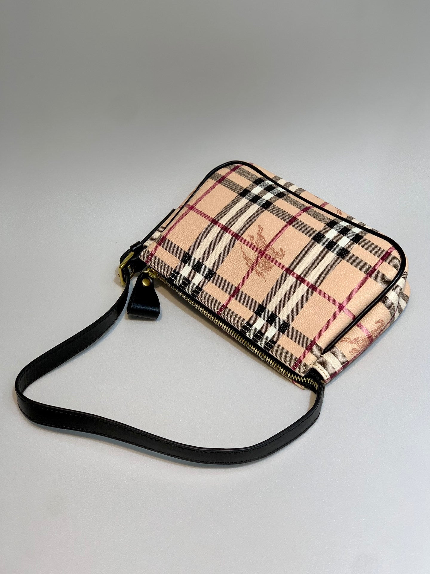Burberry Nova Check Shoulder Bag Beige Coated Canvas with Black Leather Strap