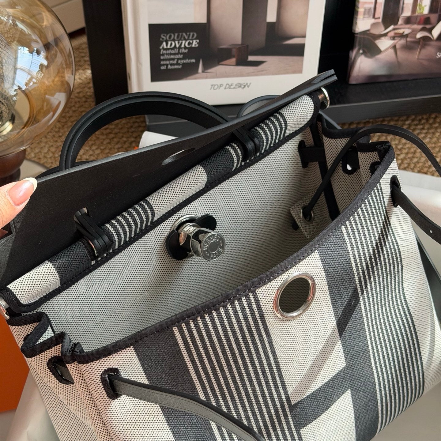 Hermès Herbag Zip 31 Striped Canvas Black Leather