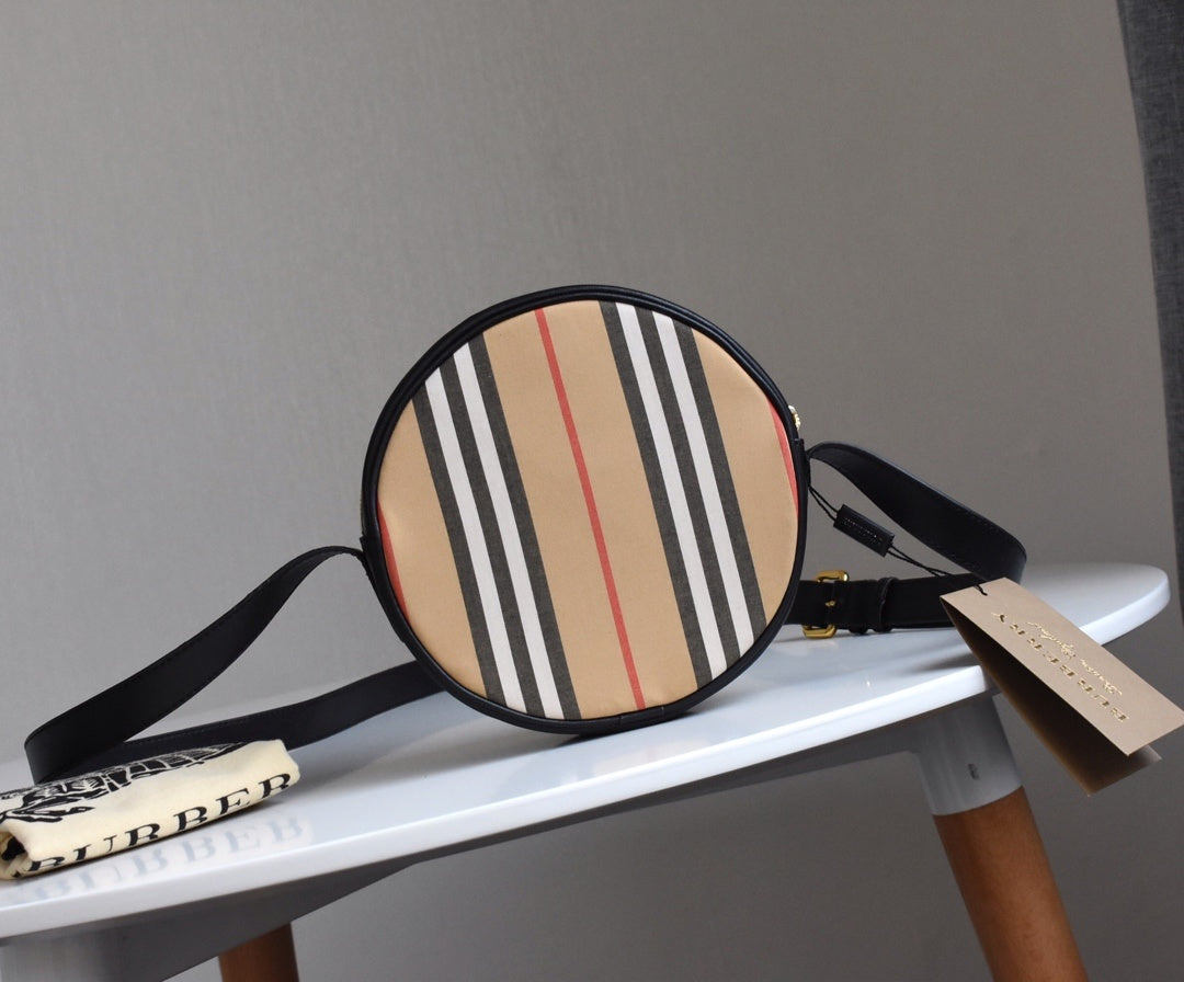 Burberry Louise Icon Stripe E-Canvas Round Crossbody Bag with Black Leather Trim