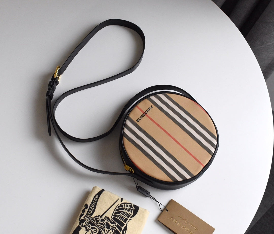 Burberry Louise Icon Stripe E-Canvas Round Crossbody Bag with Black Leather Trim