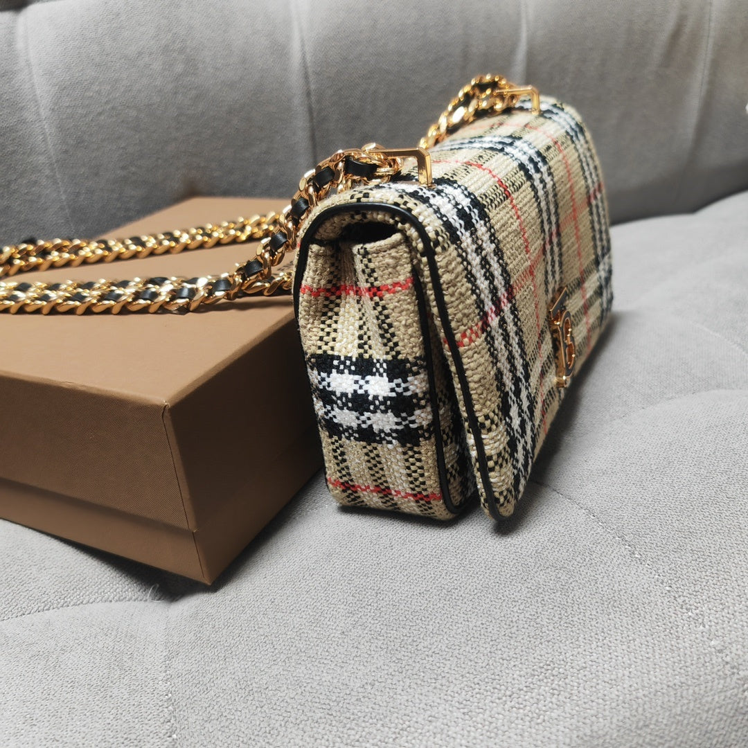 Burberry Beige Check Crossbody Bag with Gold-Tone Chain Strap