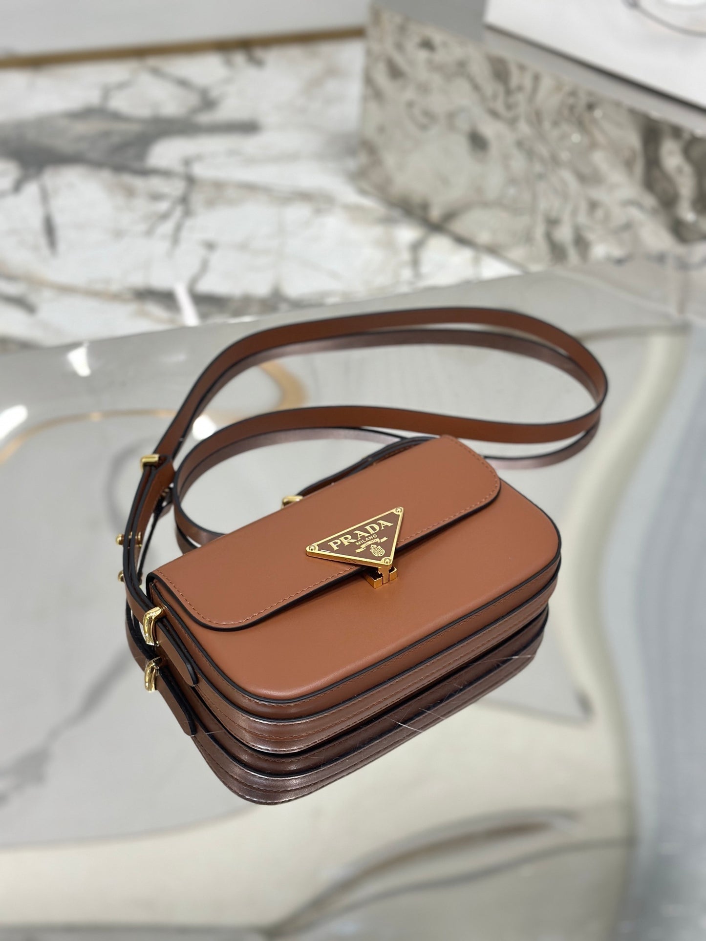 Prada Soft Calfskin Flap Shoulder Bag – Cognac with Metal Triangle Logo
