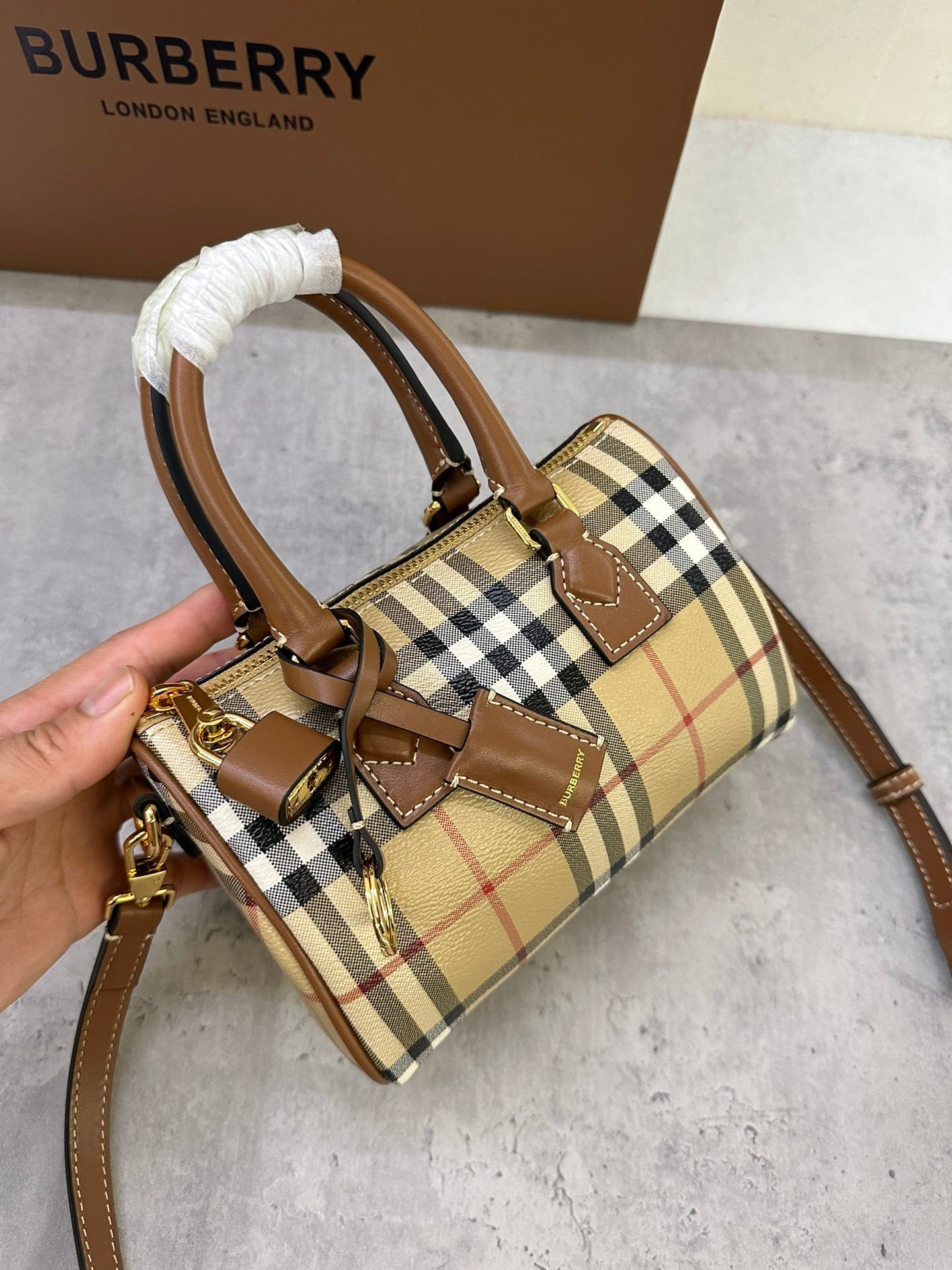 Burberry Mini Check Bowling Bag in Archive Beige & Briar Brown with Leather Trim