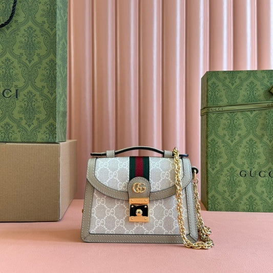 Gucci Ophidia GG Mini Shoulder Bag in Beige & Ebony GG Supreme Canvas with Leather Trim