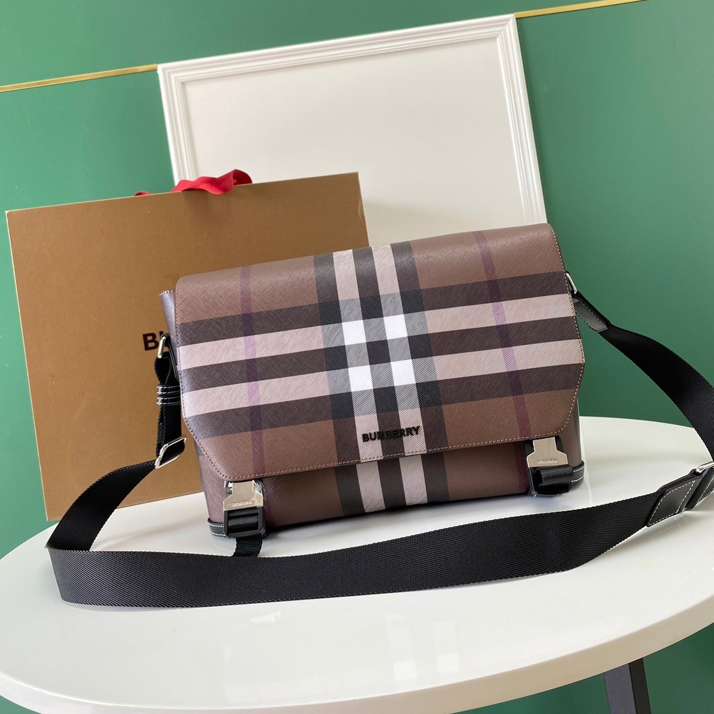 Burberry Exaggerated Check Messenger Bag Dark Brown Luxury Crossbody