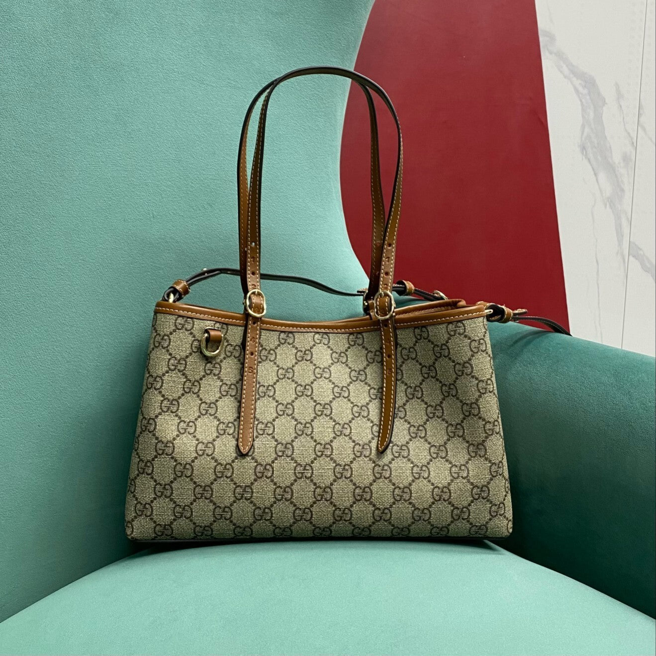 Gucci GG Emblem Medium Tote Bag in Beige Monogram with Brown Leather Trim