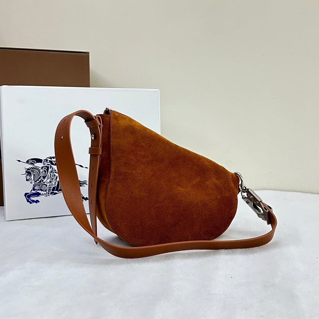 Burberry Knight Small Brown Suede Shoulder Bag with Silver Ring Detail