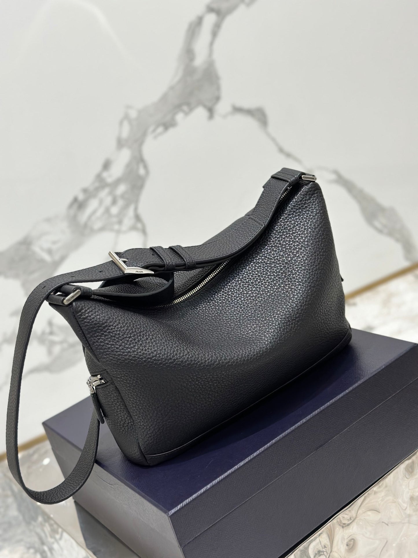 Prada Black Leather Debossed Logo Crossbody Bag