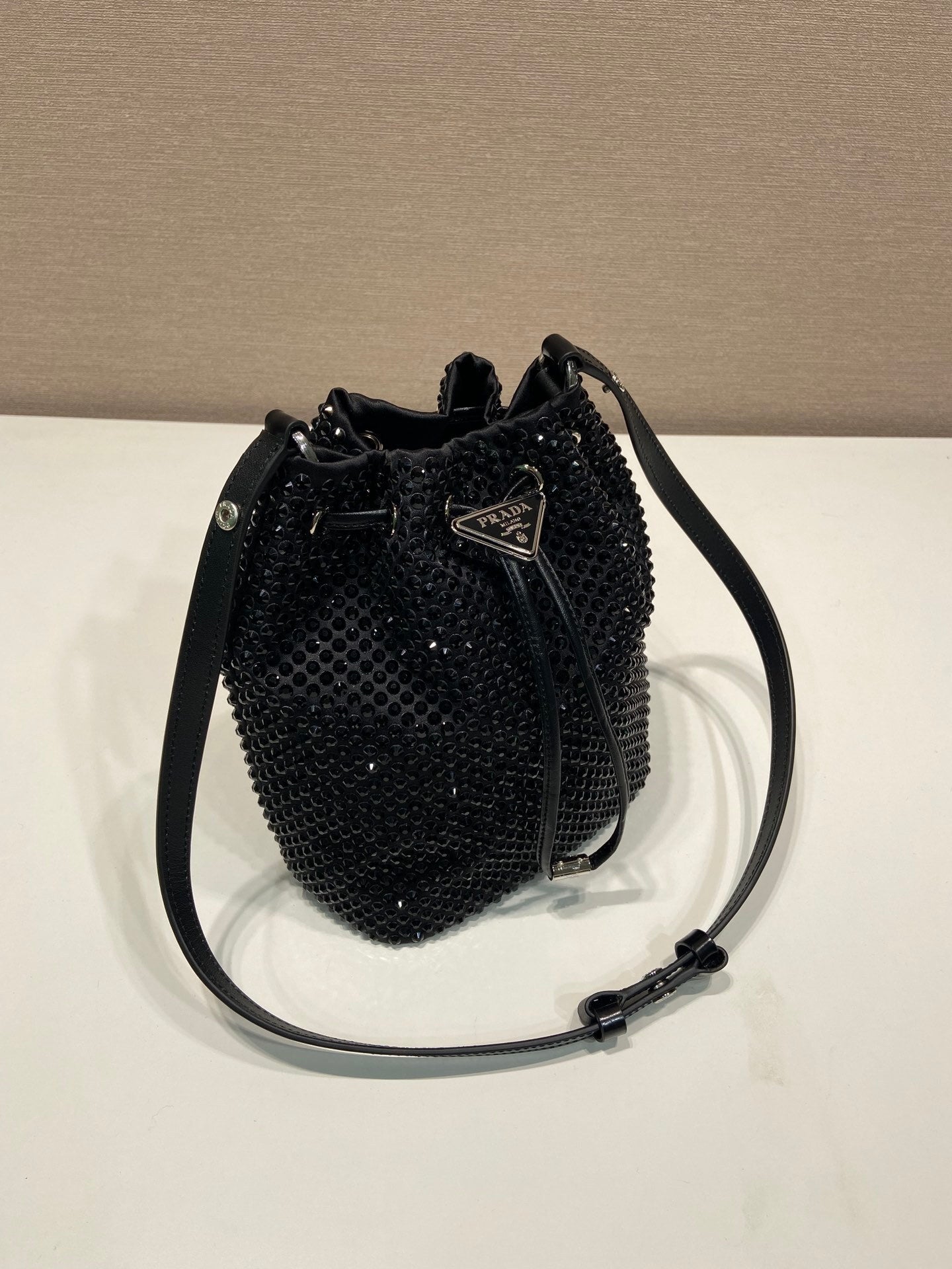 Prada Crystal-Embellished Mini Satin Bucket Bag – Black