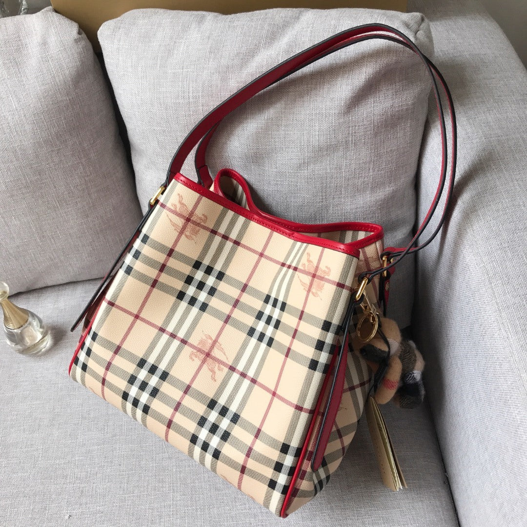 Burberry Canterbury Tote Haymarket Check Canvas & Red Leather Bag