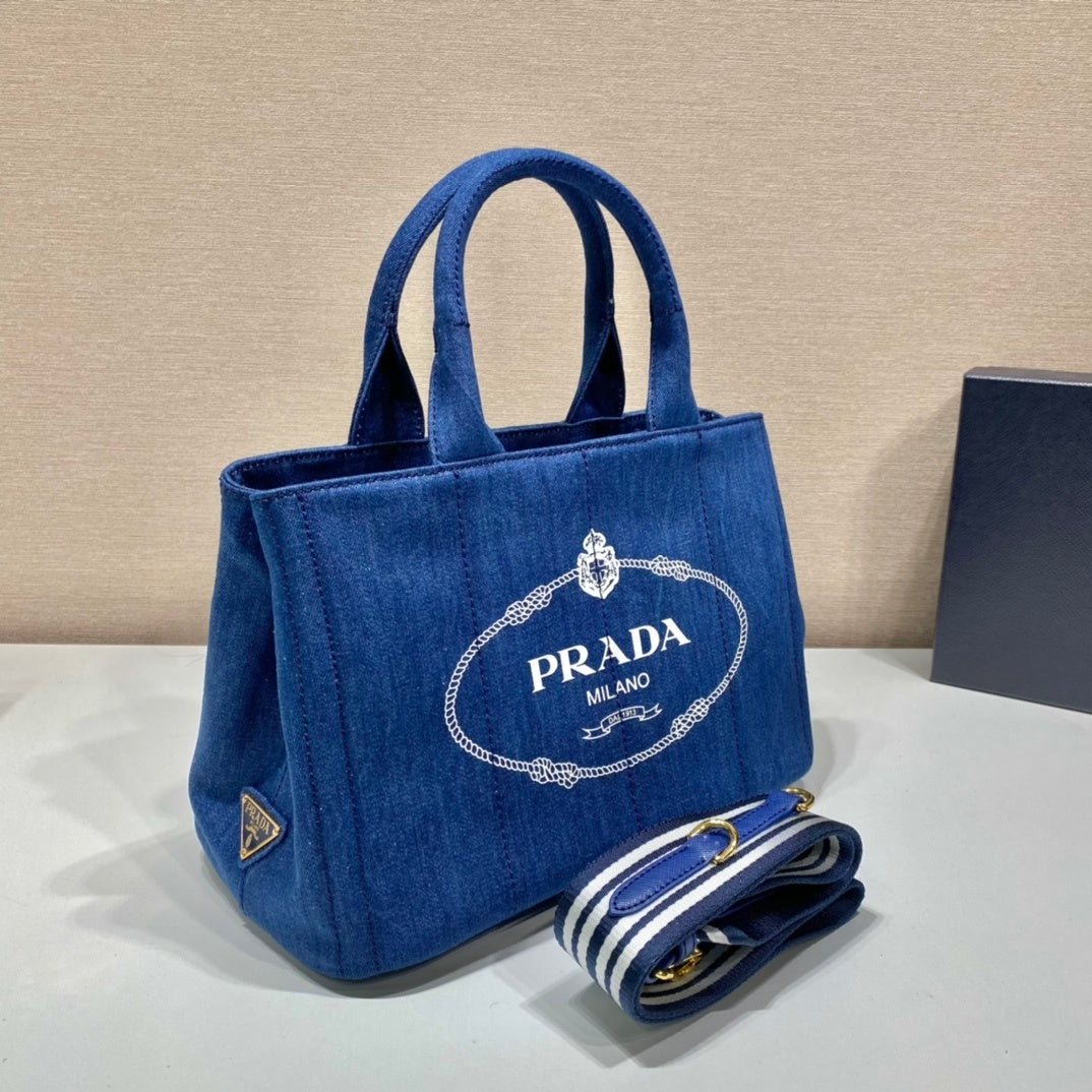Prada Canapa Tote Bag – Blue Denim/Canvas with White Logo Print & Detachable Shoulder Strap