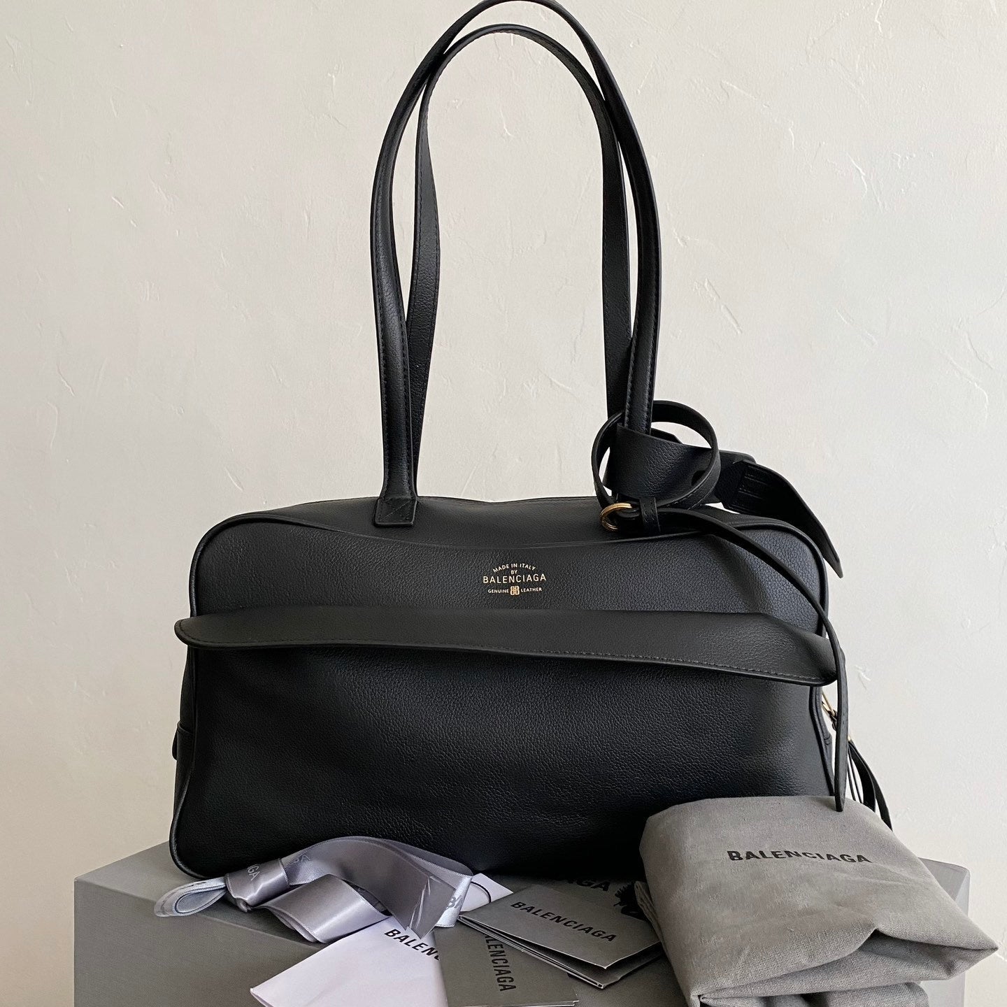 Balenciaga Carrie Medium Black Leather Bowling Bag