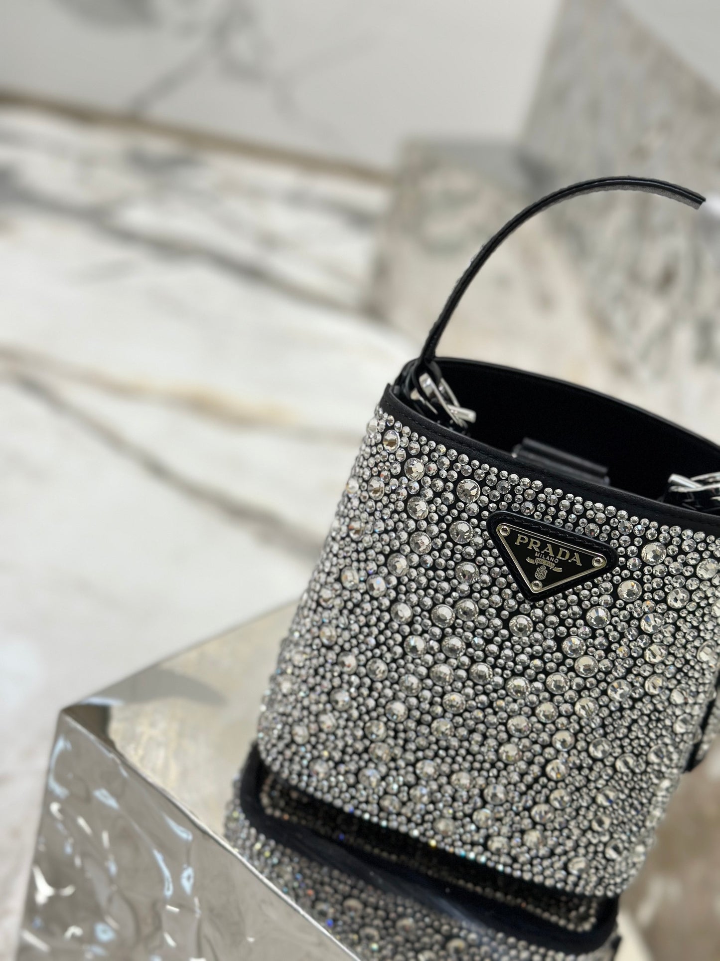Prada Panier Crystal-Embellished Bucket Bag with Triangle Logo