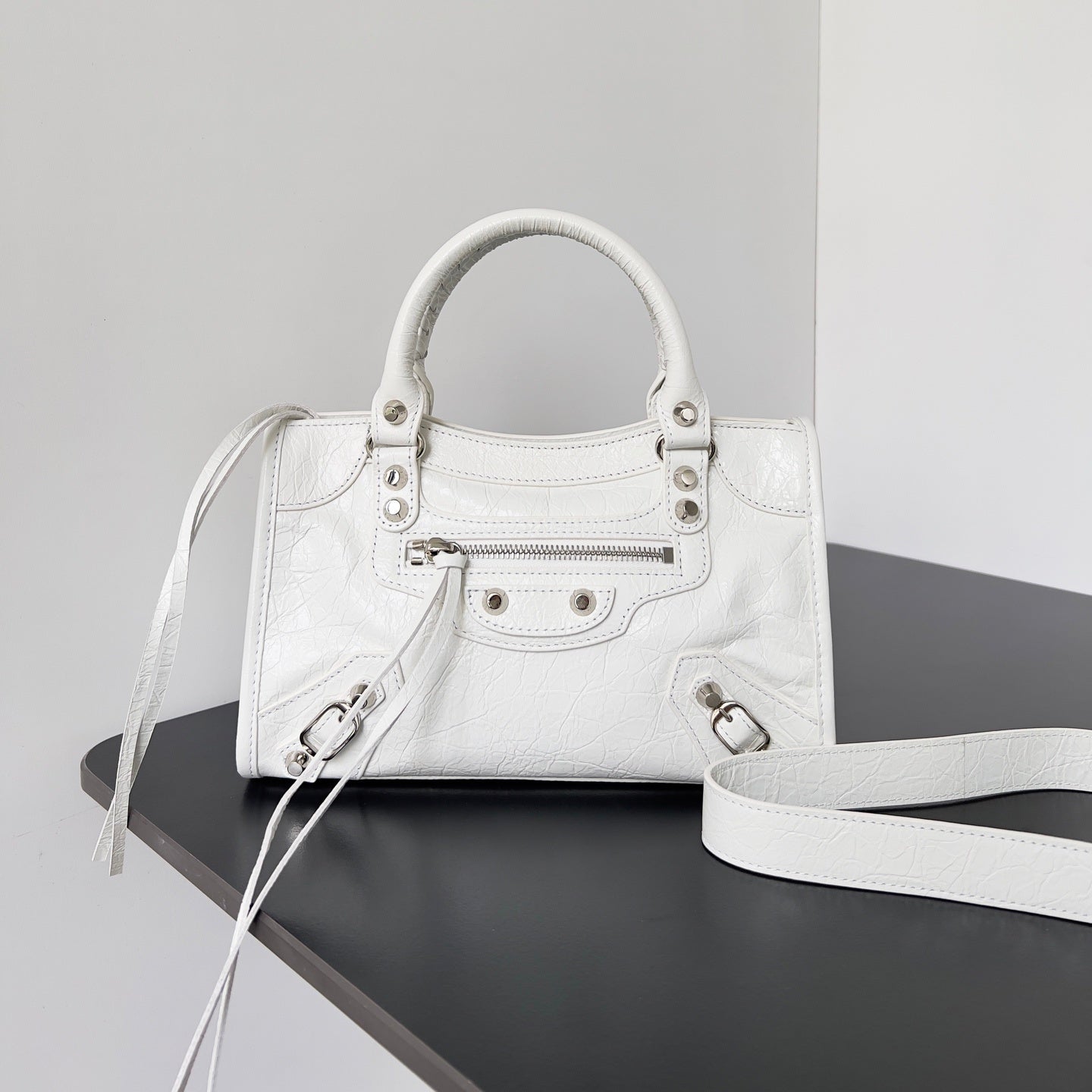 Balenciaga Le City Optic White Studded Leather Bag