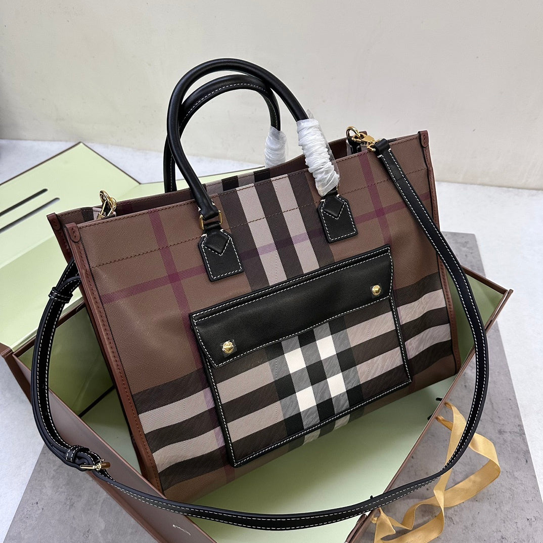 Burberry Medium Freya Tote Bag in Dark Birch Brown Check with Black Leather Trim
