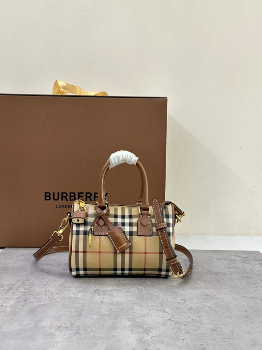 Burberry Mini Check Bowling Bag in Archive Beige & Briar Brown with Leather Trim