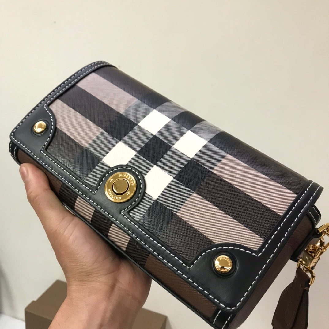 Burberry Note Bag with Iconic Check Pattern and Smooth Leather Trim