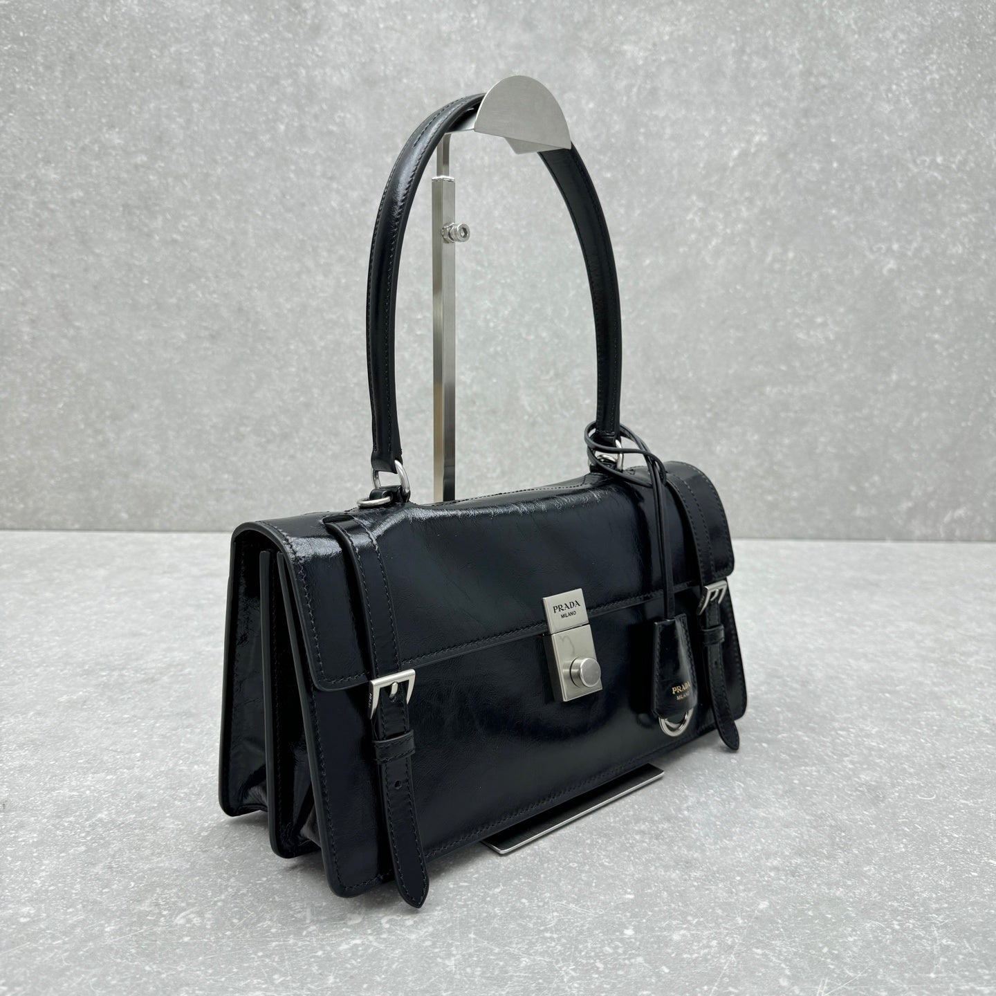 Prada Soft Lux Medium Black Polished Leather Handle Bag