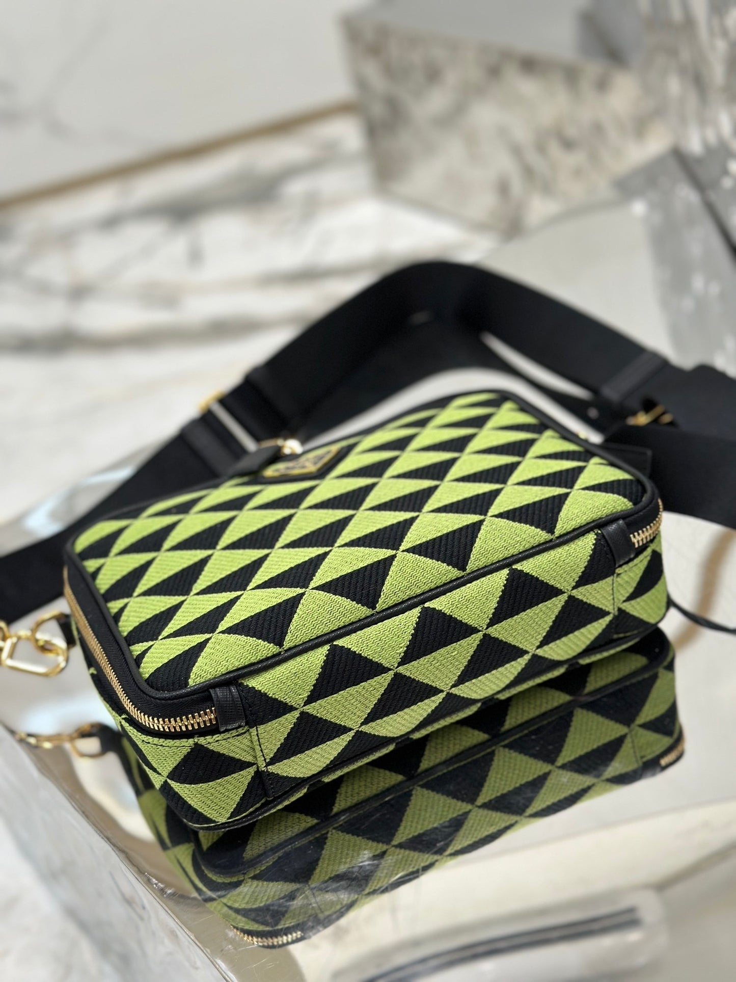 Prada Symbole Embroidered Fabric Shoulder Bag – Black & Ivy Green with Gold-Tone Hardware