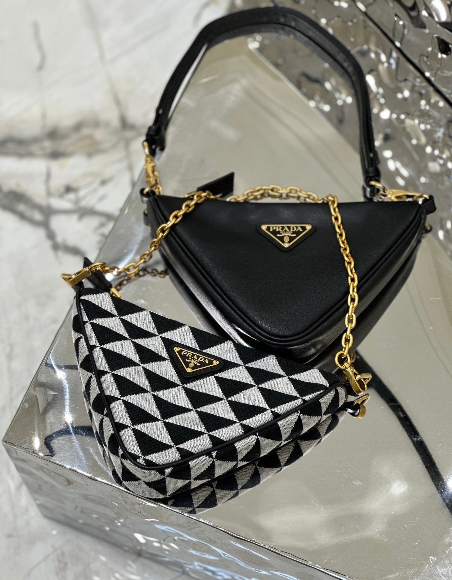 Prada Symbole Mini Jacquard Bag with Geometric Pattern and Chain Handle