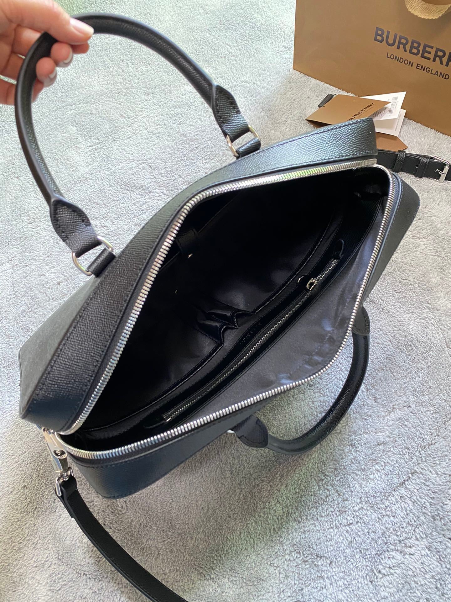 Burberry Black Grained Leather Briefcase with Silver Logo Plaque