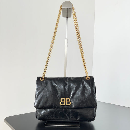 Balenciaga Monaco Black Crinkled Calfskin Shoulder Bag