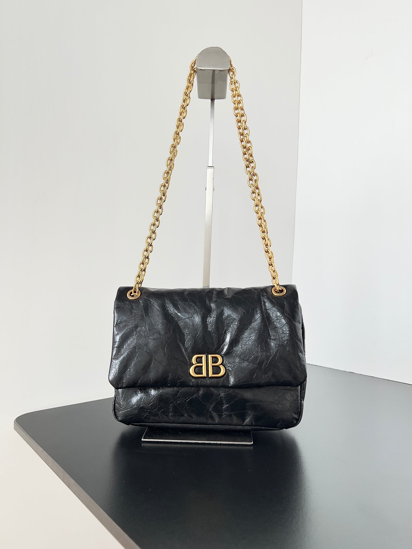 Balenciaga Monaco Black Crinkled Calfskin Shoulder Bag