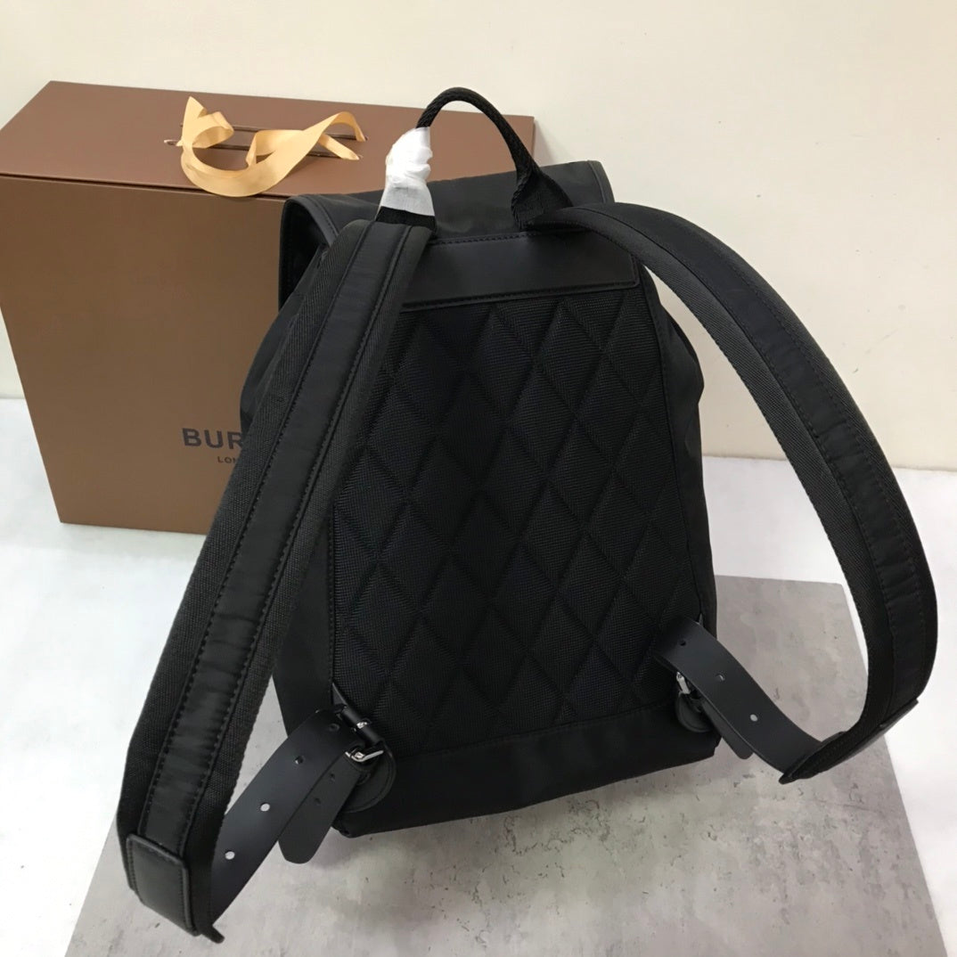 Burberry Logo Print Nylon Rucksack Black Backpack with Leather Straps