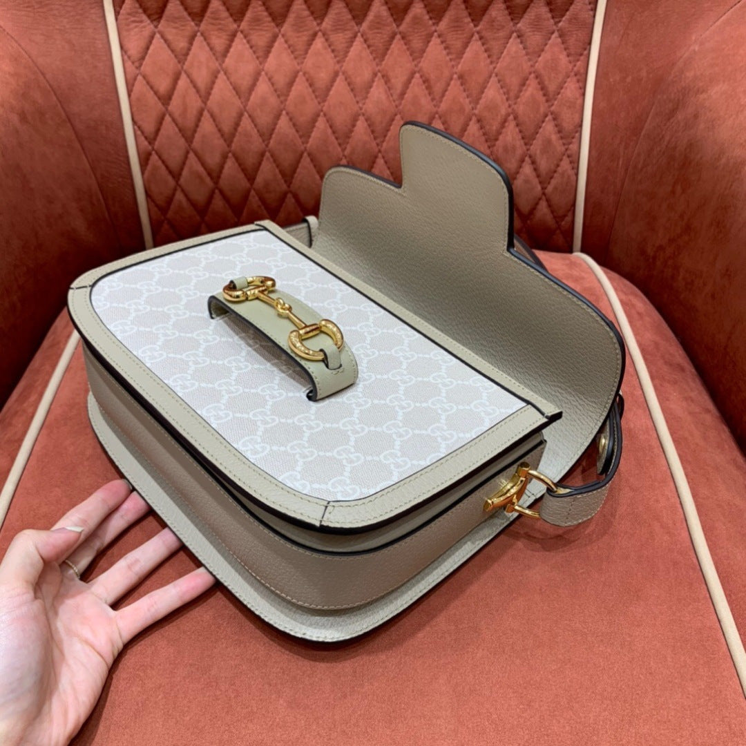 Gucci Horsebit 1955 Small Shoulder Bag in Beige & White GG Supreme Canvas