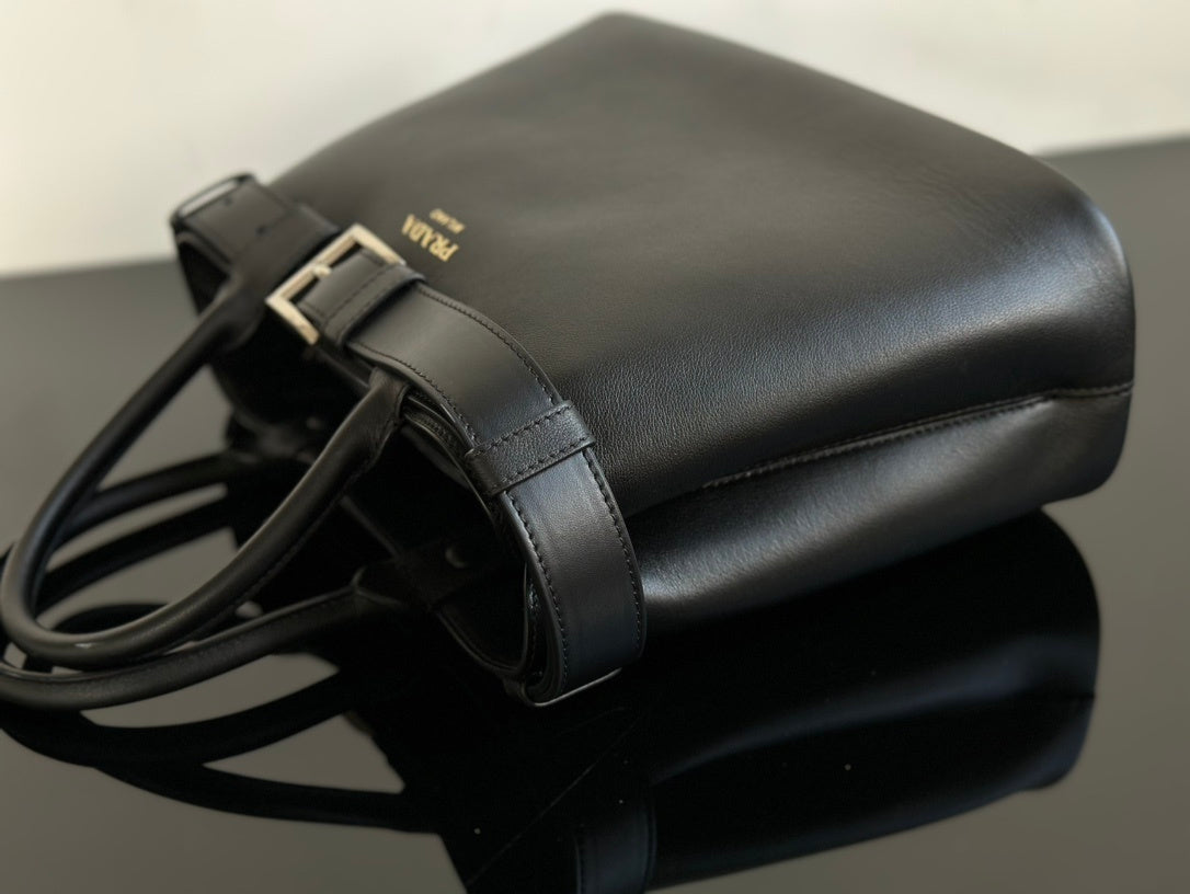 Prada Buckle Black Leather Handbag with Belt