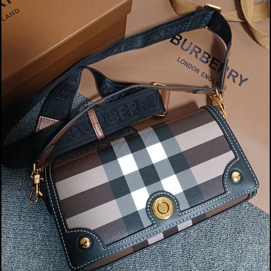 Burberry Note Bag Dark Birch Brown Check Canvas Luxury Crossbody