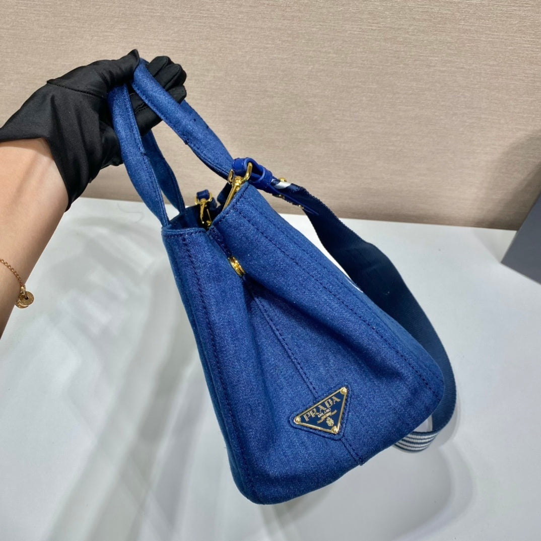 Prada Canapa Tote Bag – Blue Denim/Canvas with White Logo Print & Detachable Shoulder Strap
