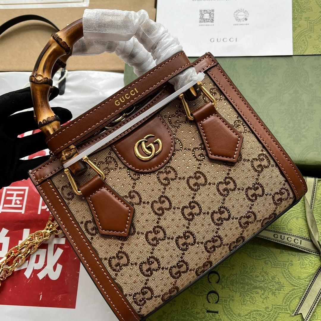Gucci Diana Mini Tote GG Canvas Bag with Leather Trim and Bamboo Handles