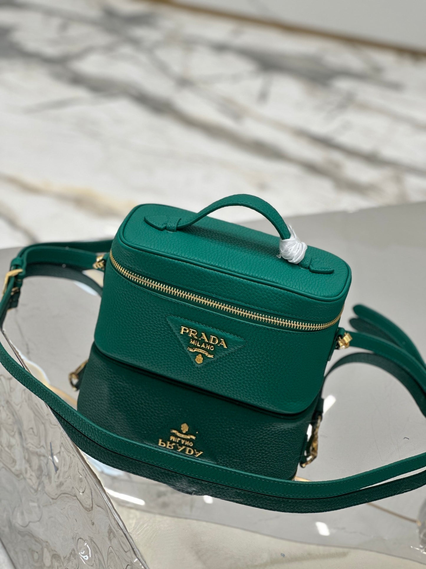 Prada Convertible Top Handle Vanity Shoulder Bag in Green Leather – Elegant Designer Bag