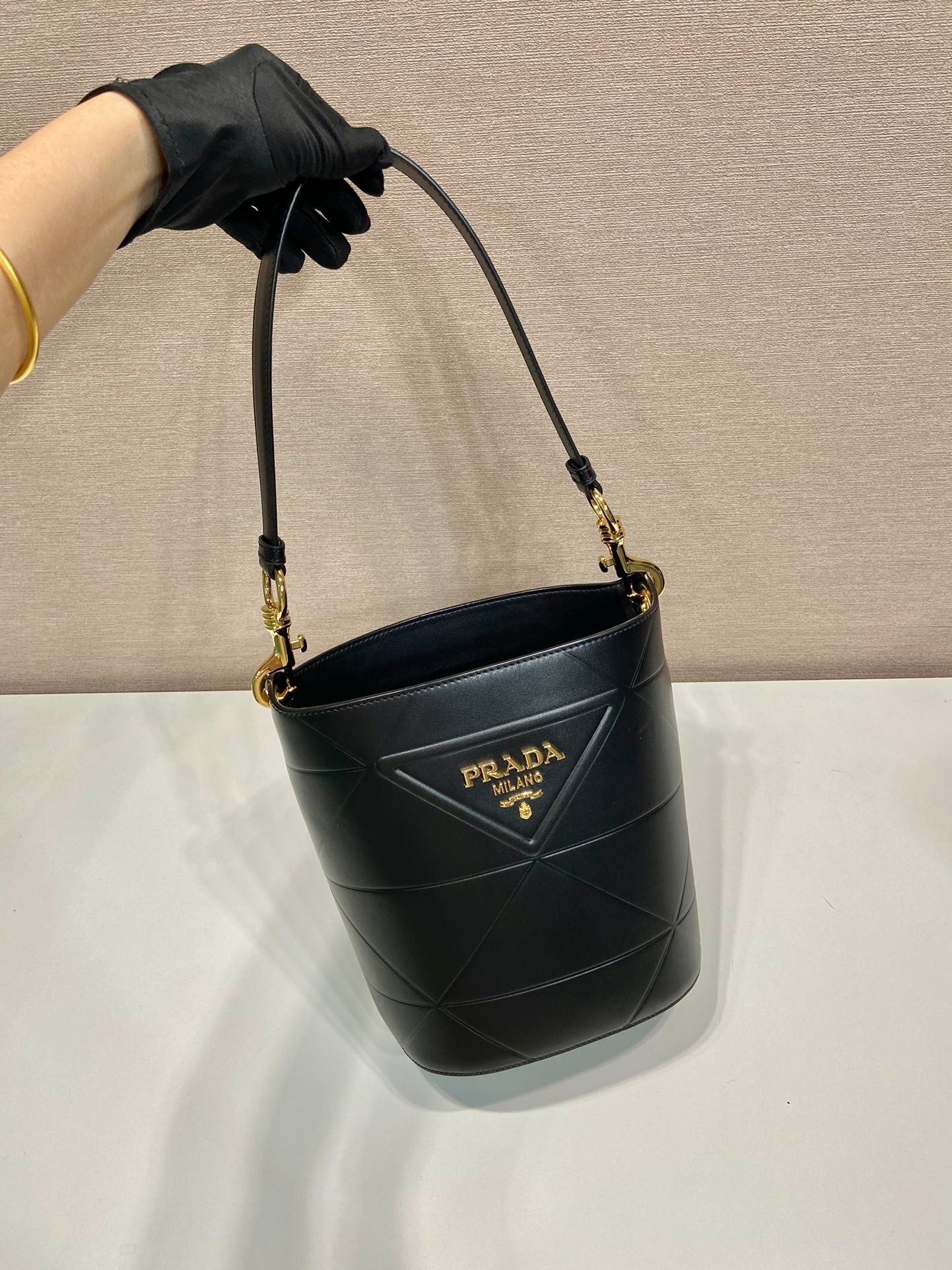 Prada Symbole Black Leather Bucket Bag
